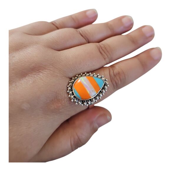 Aurora Fire Opal Stripe Inlay Blue Orange Teardrop Ring Size 11 925 Sterling - Picture 5 of 10